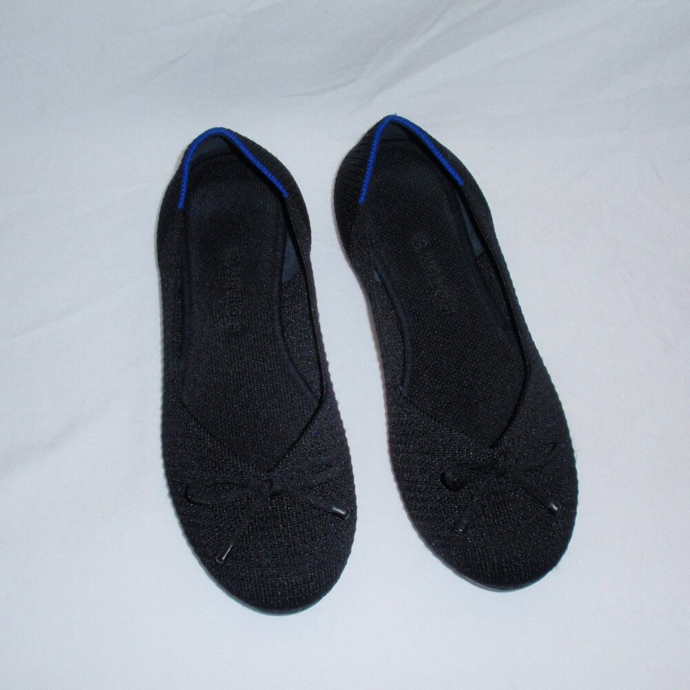Rothys Limited Edition Black Cobalt Blue Ballet Flats with Bows Sz 8
